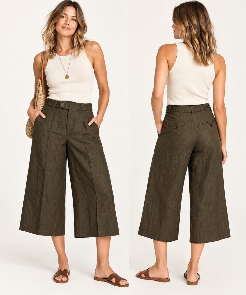 Nine West Women’s Size 6 Brown 100% Linen Wide Leg Cropped Pants Culottes